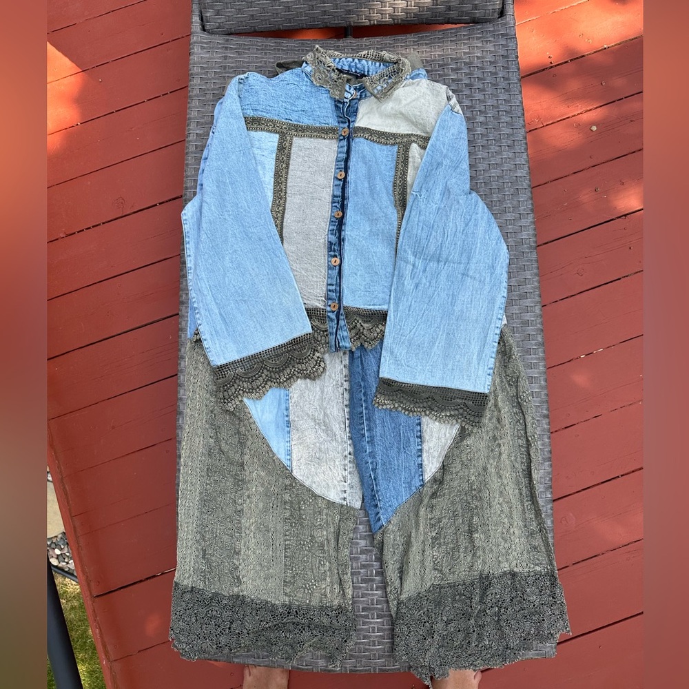 NWOT Young Threads Boho Patchwork Jacket/Top & Pants! - Blue/Olive Size Large